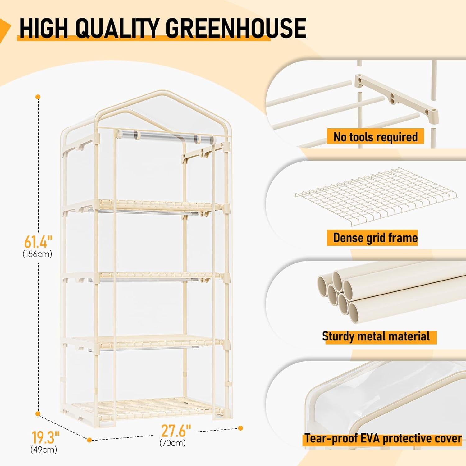 SPECILITE Indoor Greenhouse with Grow Lights, 4 Tiers 27.6"L×19.3"W×61.4"H Outdoor Mini Green House with Zip PVC Cover  and Dimmable 15W Plant Light with Timer for Seed Starting Trays