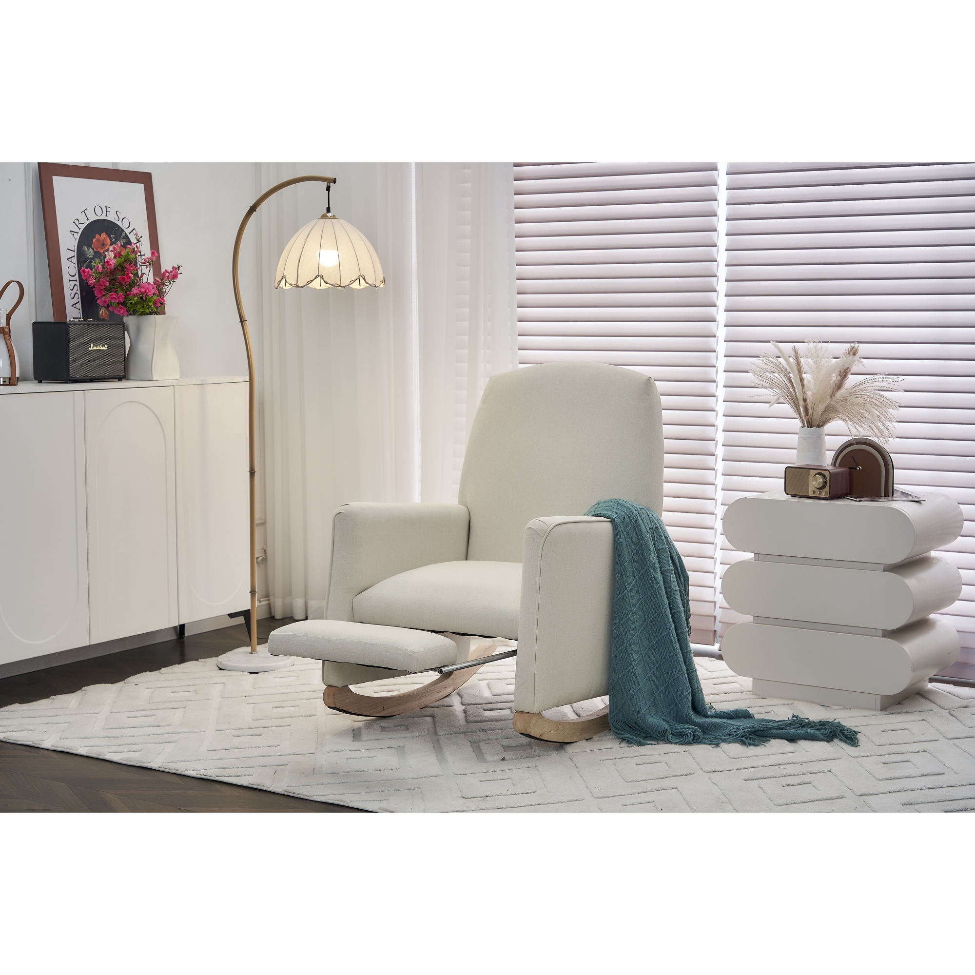 Leumius Nursery Rocking Chair,Cotton Linen Upholstered Glider Rocker Chair with Adjustable Footrest,Comfortable Rocker Recliner with Side Pocket for Living Room, Bedroom, Nursing Room,Beige
