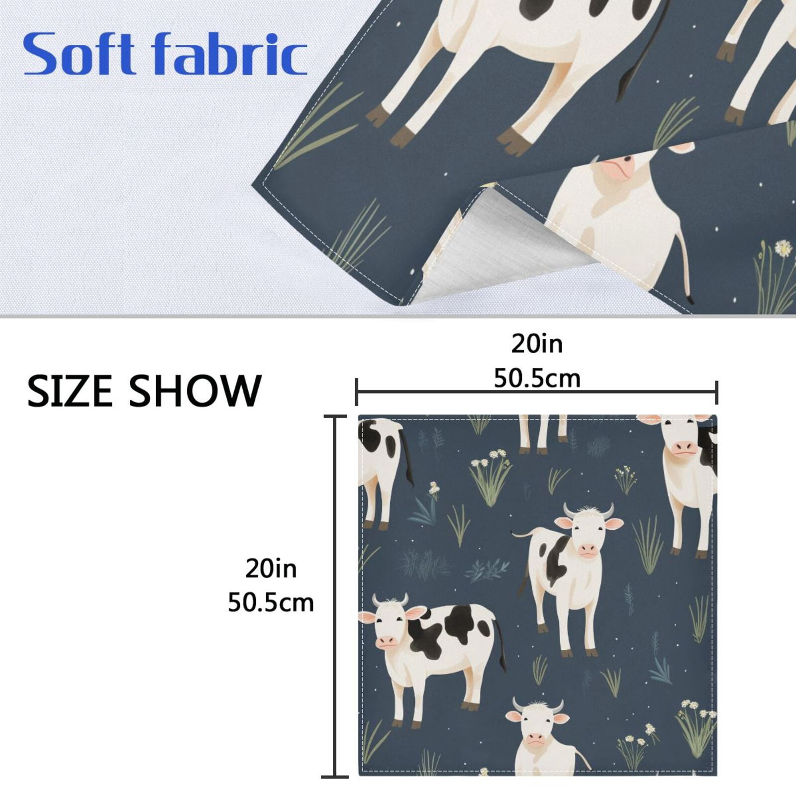 JSTEL Cute Cow Cloth Napkins Set of 6, 20x20 Inch Washable and Reusable Napkin for Decoupage Dinner Party Everyday Use