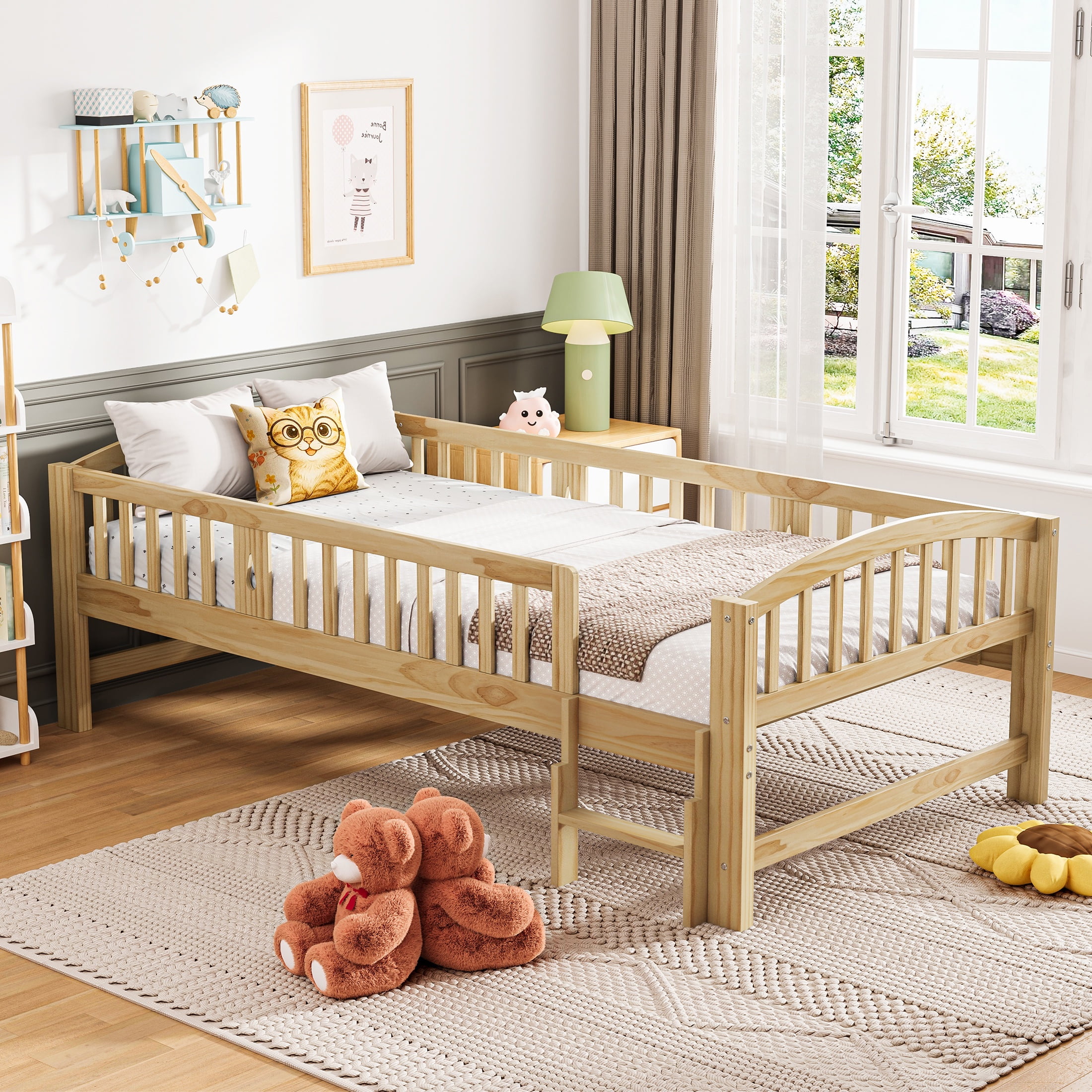 Sesslife Twin Platform Bed Frame, Solid Wood Montessori Bed with Safety Guardrails and Ladder, Twin Low Profile Bed with Slats for Kids Boys Girls, No Box Spring Needed, Holds 400 lbs, Natural