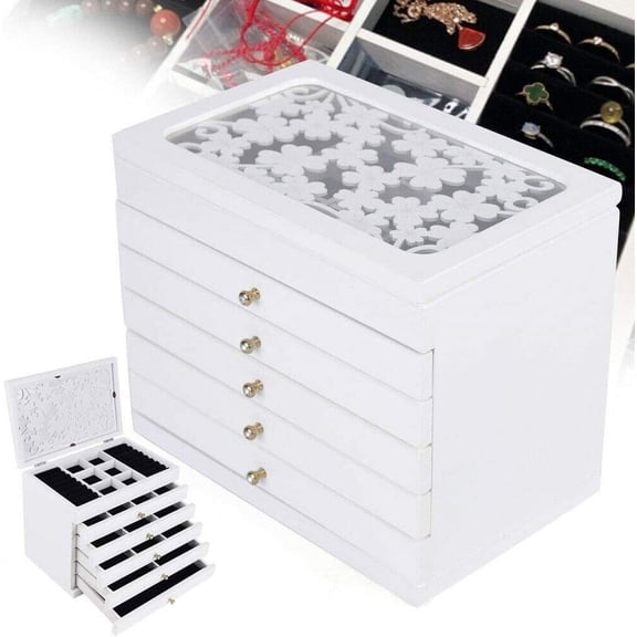 6 Layers Retro Wooden Jewelry Box with Glass Lid, Jewelry Organizer Jewelry Display Storage Case for Earring Bangle Bracelet Necklace and Rings Storage Gift for Loved Ones (White)