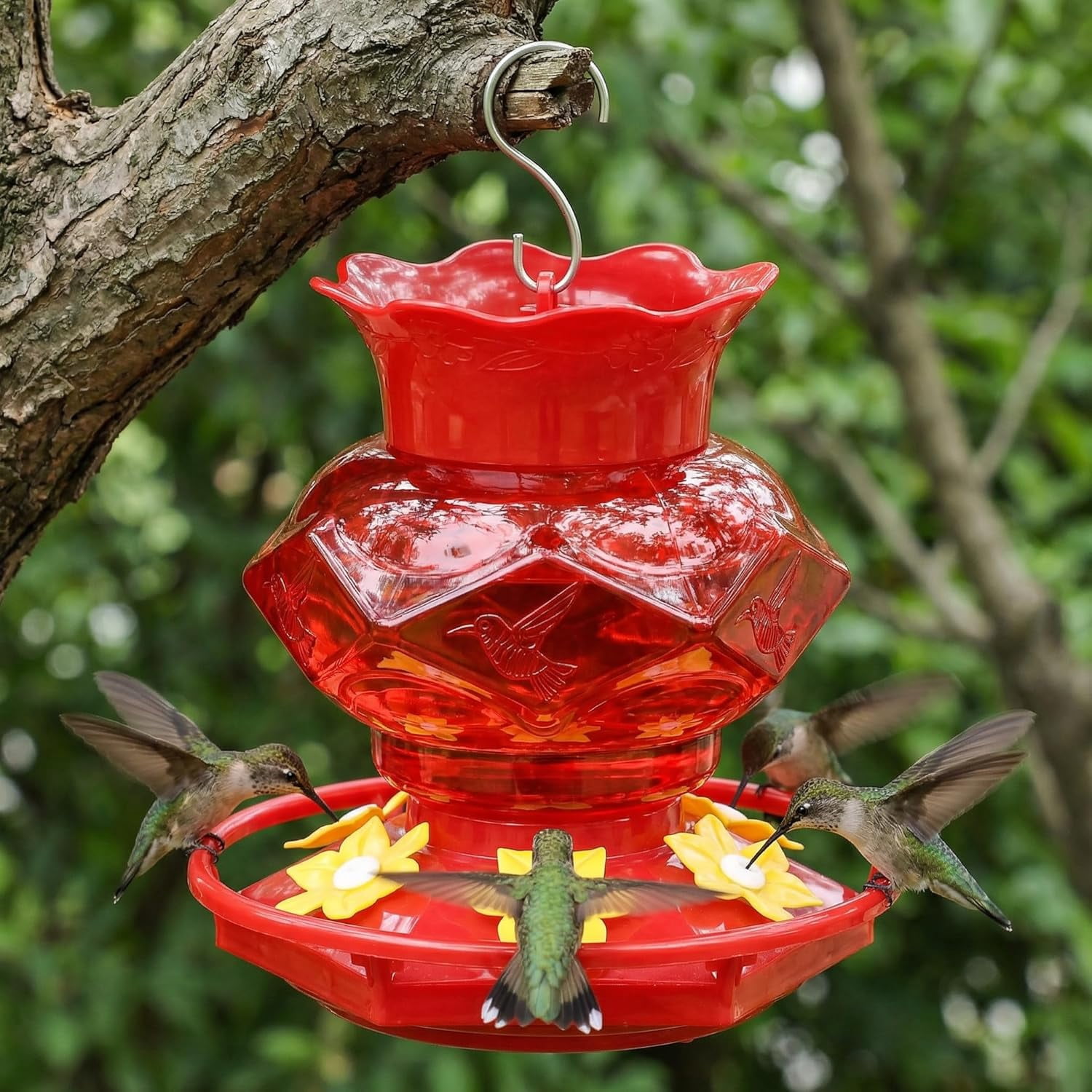 Plastic Hummingbird Feeders for Outdoors Hanging,1 Pack Red 18OZ Diamond Humming Bird Feeders with 6 Feeding Ports & Perch, Built-in Ant Moat, Gifts for Women, Durable Outside Garden Decor