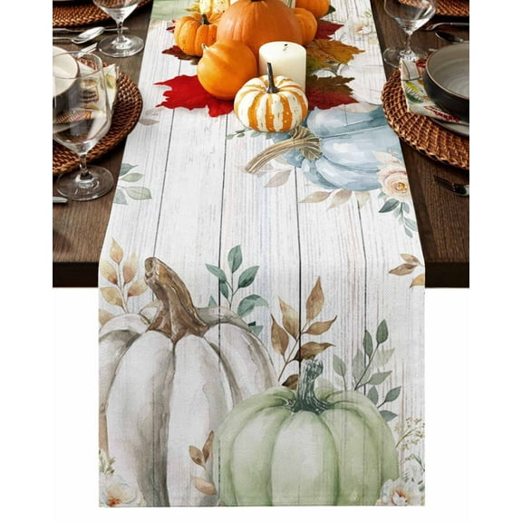 Fall Sage Green Blue Table Runner-Cotton Linen- 72 Inch Holiday Dresser Scarves, Thanksgiving Pumpkins Eucalyptus Rustic Wood Tablerunner for Kitchen Coffee/Dining Dinner Scarf Décor 18x72