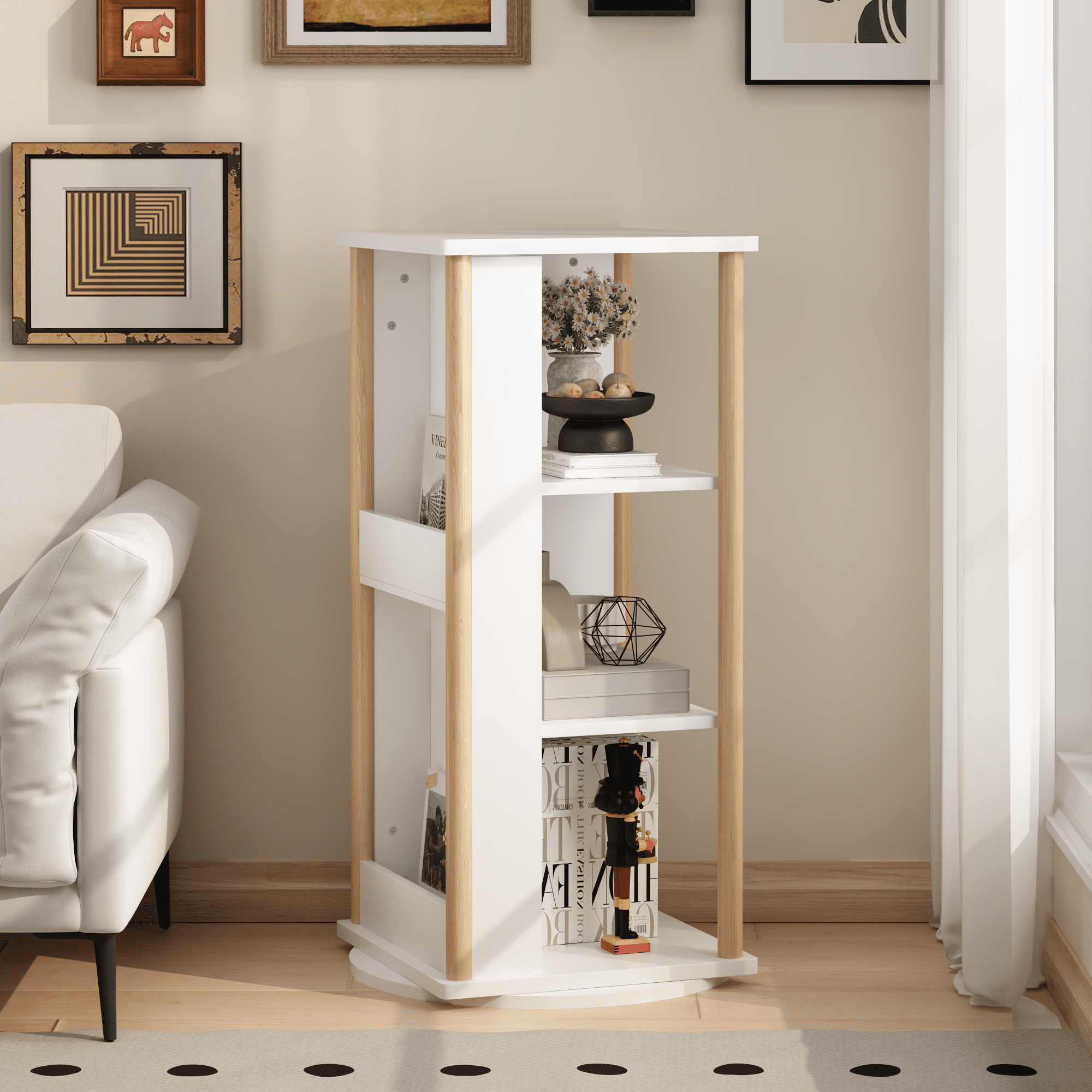 360° Rotating Kids Bookshelf with Chalkboard, 3-Tier Wood Floor Revolving Bookcase & Toy Storage Organizer, Picture Book Display Stand for Toddlers, Nursery & Playroom, White and Natural