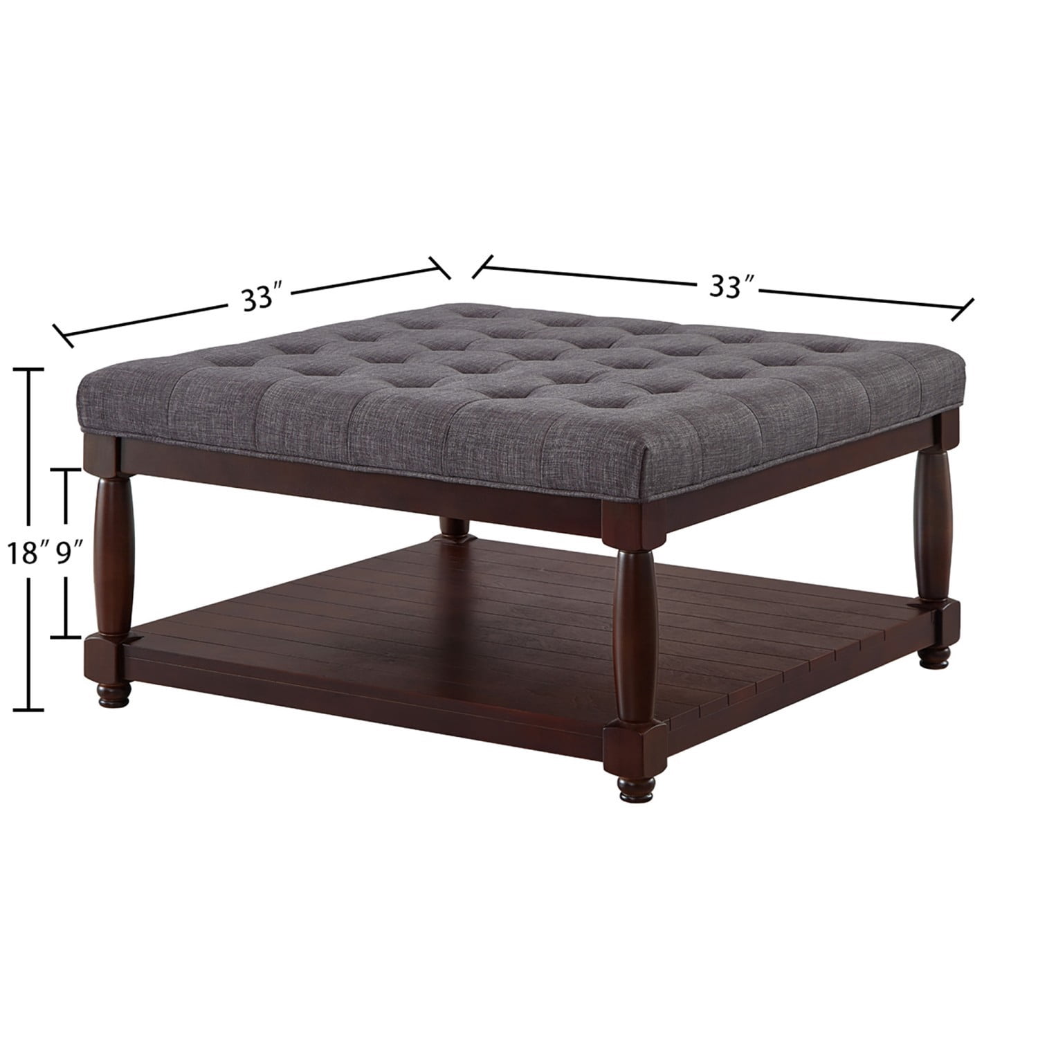 Large Square Tufted Linen Ottoman Coffee Table, Upholstered Footrest with Solid Wood Storage Shelf, Dark Gray Living Room Center Table