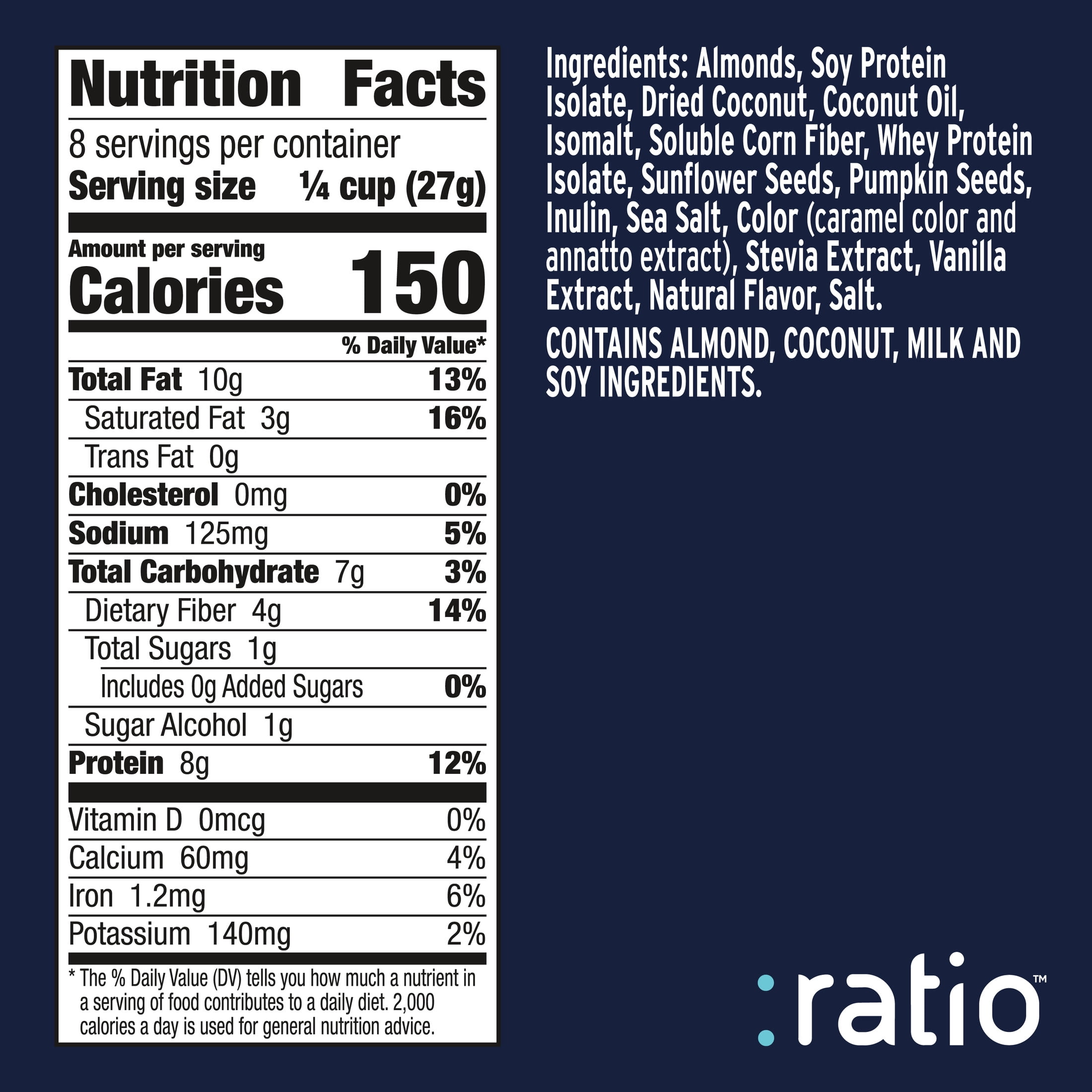 Ratio Trio Coconut Almond Granola Cereal, 1g Sugar, Keto Friendly, 8 oz Resealable Bag