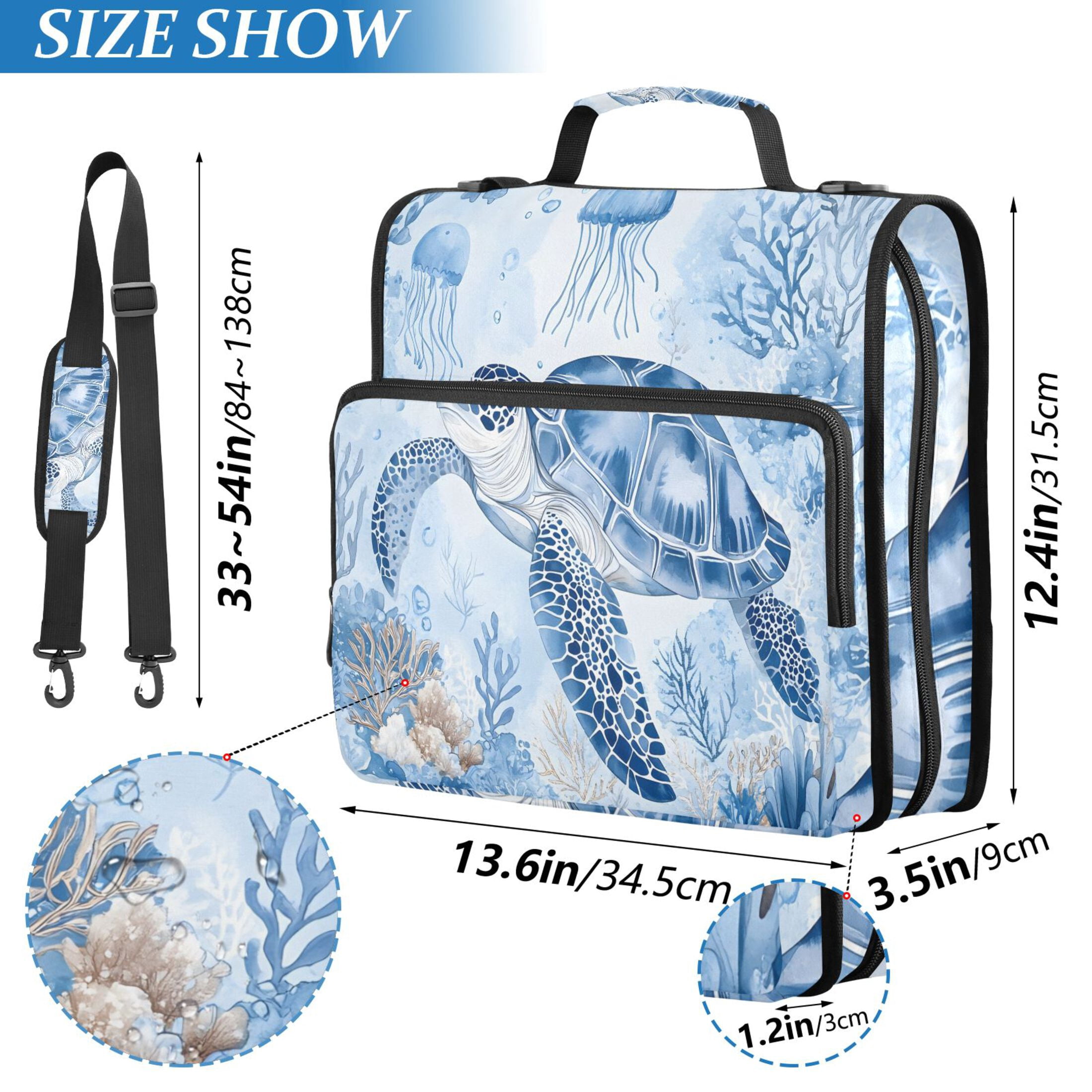3 Ring Zipper Binder with Shoulder Strap Waterproof Trapper Keeper 2 Inch D-Ring 500 Sheets Capacity Watercolor Turtle Jellyfish