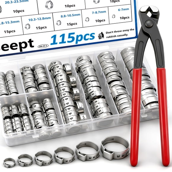 Seept 115Pcs 10-Sizes 304 Stainless Steel Single Ear Hose Clamps with Ear clamp plier 6-28.6mm Crimp Hose Clamps Assortment Kit for Auto/Home Applian