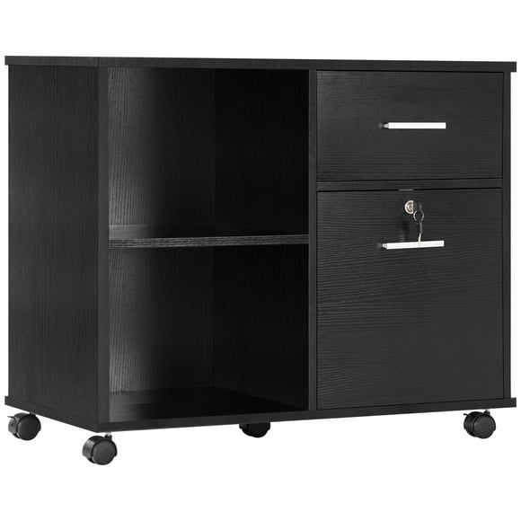 Vinsetto Lateral File Cabinet with Wheels, Mobile Printer Stand, Filing Cabinet with Open Shelves and Drawers for A4 Size Documents, Black
