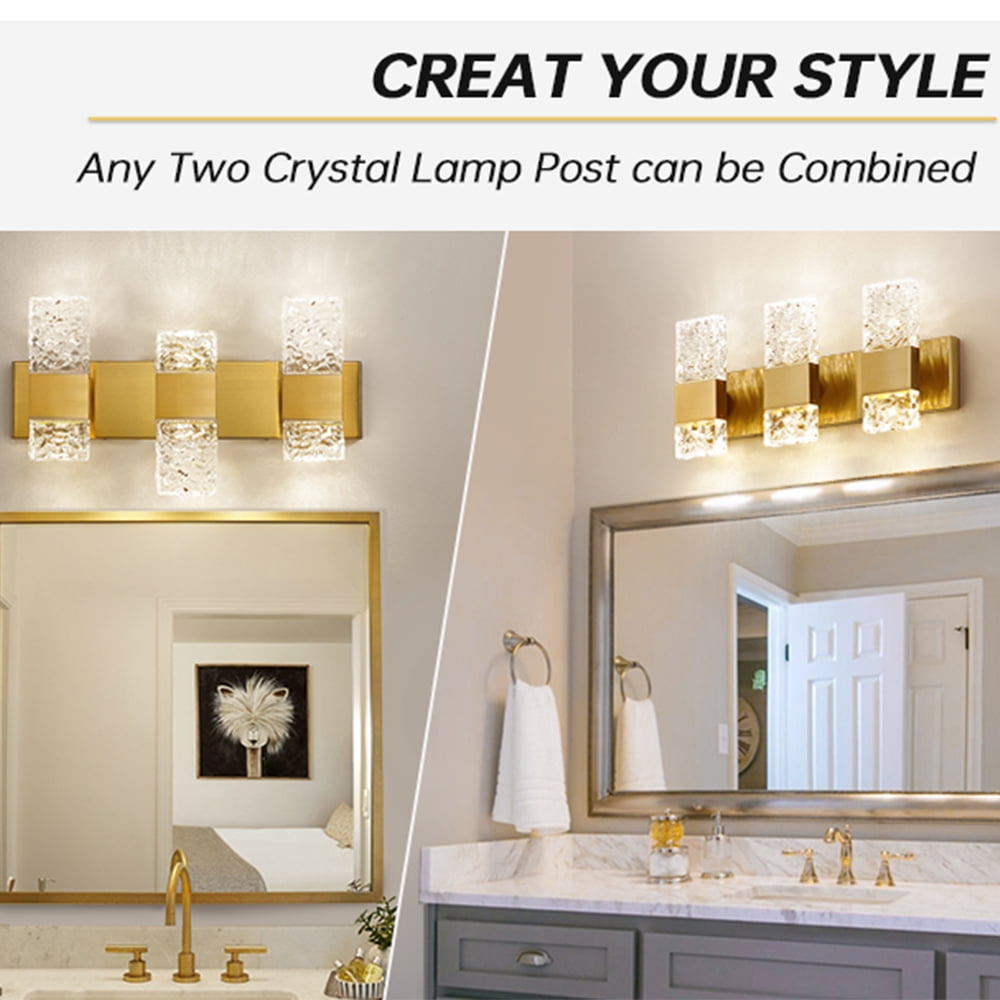 4000K LED Crystal Wall Sconces 3-Light Gold Vanity Lights 30W Modern Brushed Hardwired Lighting Fixtures for Bathroom Bedroom Living Room