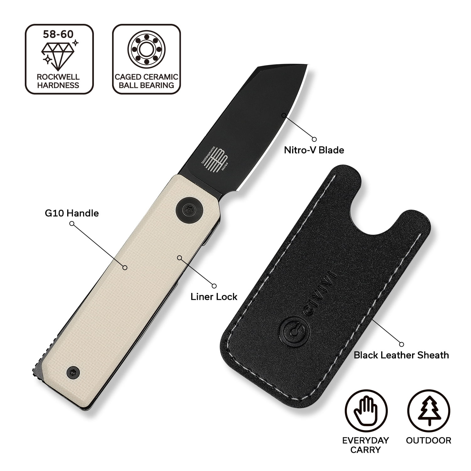 CIVIVI Kukei Small Pocket Knife Folding Knife with 2.02" Black Stonewashed Nitro-V Blade Ivory G10 Handle C25036-3, With 1PC Black Leather Sheath