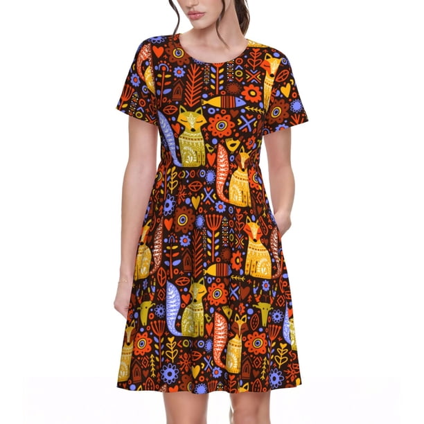 Disketp colorful fox para Vestido de Manga Corta para Mujeres, Vestidos de Verano para Mujeres, Casual y Holgado para la Playa