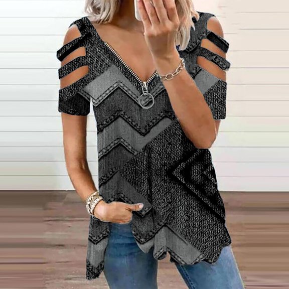 Womens Tops Tops For Women Summer Women'S Zipper Retro Printing V-Neck Loose Short Sleeve T-Shirt Top