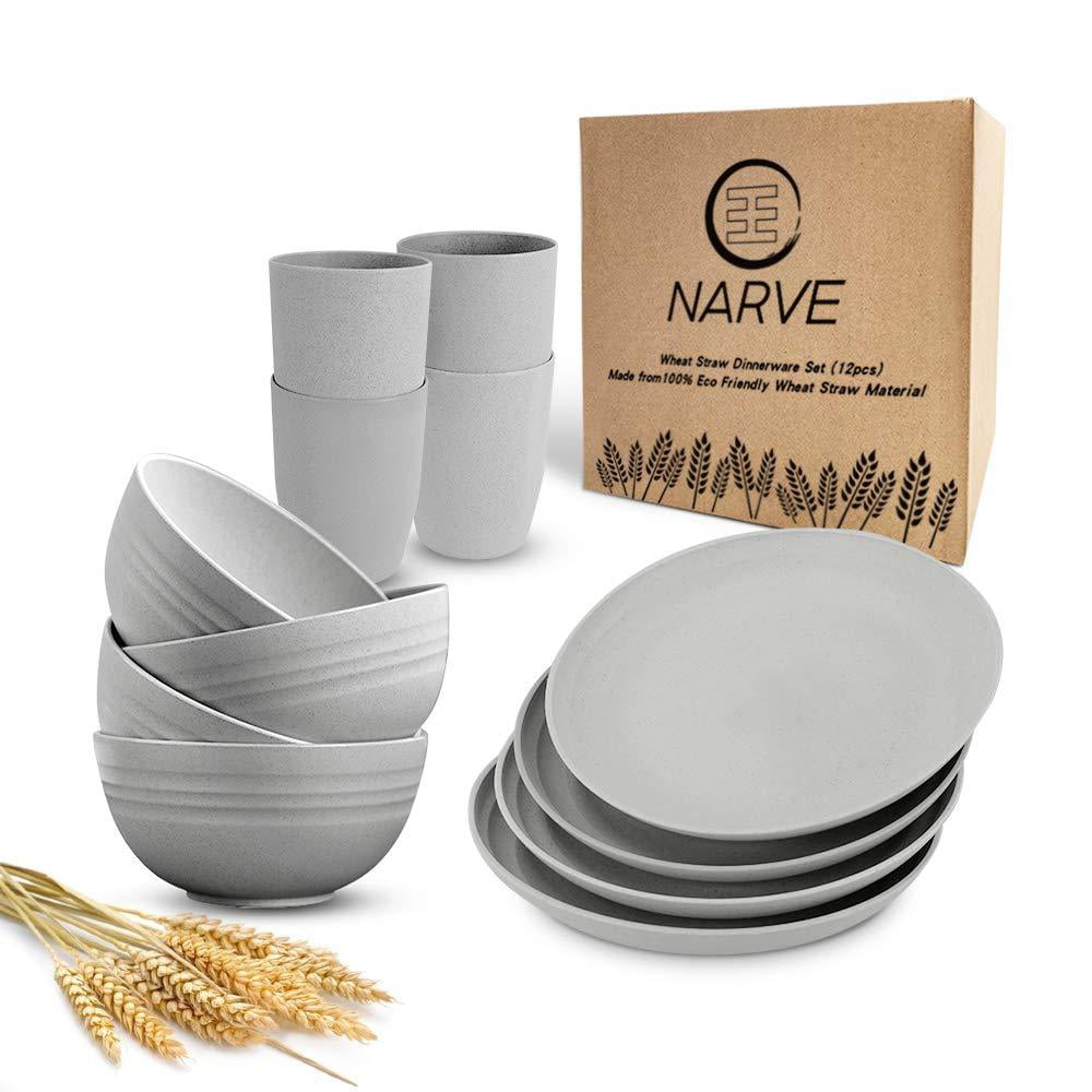 Wheat Straw Dinnerware Sets (12pcs) Grey-Unbreakable Microwave Safe