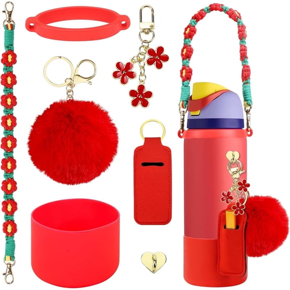 Compatible for  Accessories Bundle:  Boot for 24oz & 32oz Bottles, Charms, Handle, Strap, Rubber Bottoms, and Decorative Add-ons for Your Compatible for  Water Bottle, Red