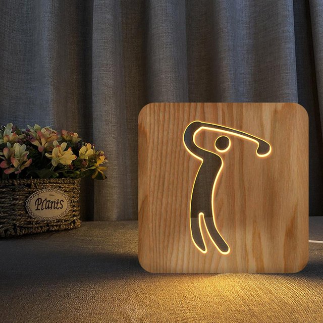 Bombilla Luz de noche para golf Lámpara de madera 3d Luces de madera creativas Luces decorativas simples Patrón de talla de madera 3d Luz de noche led para escritorio Feliz Sencillez