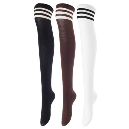 

Lovely Annie Big Girl s Women s 3 Pairs Incredible Durable Super Soft Unique Over Knee High Thigh High Cotton Socks Size 5-9 A1022(Blk Cofe White)