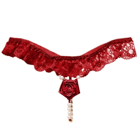 POPLIS Women s G String Rose Flower Lace Pearl Beaded Thong Underwear G String Low Waist Thongs Briefs Panties Thong