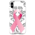 thumbnail image 1 of DistinctInk Clear Shockproof Hybrid Case for iPhone XS Max (6.5" Screen) - TPU Bumper, Acrylic Back, Tempered Glass Screen Protector - Grey Damask Pink Ribbon - Breast Cancer Awareness, 1 of 5