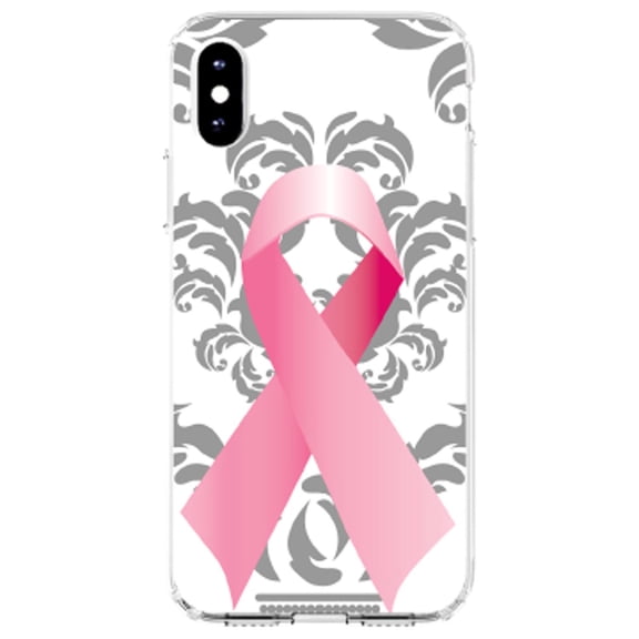 DistinctInk Clear Shockproof Hybrid Case for iPhone XS Max (6.5" Screen) - TPU Bumper, Acrylic Back, Tempered Glass Screen Protector - Grey Damask Pink Ribbon - Breast Cancer Awareness