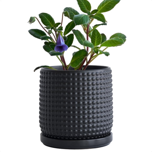 6 Inch Ceramic Beaded Stoneware Planter Pot Flower Pot with Drainage Holes and Saucers for Indoor Succulent Plants or Flowers, Ebony Matte