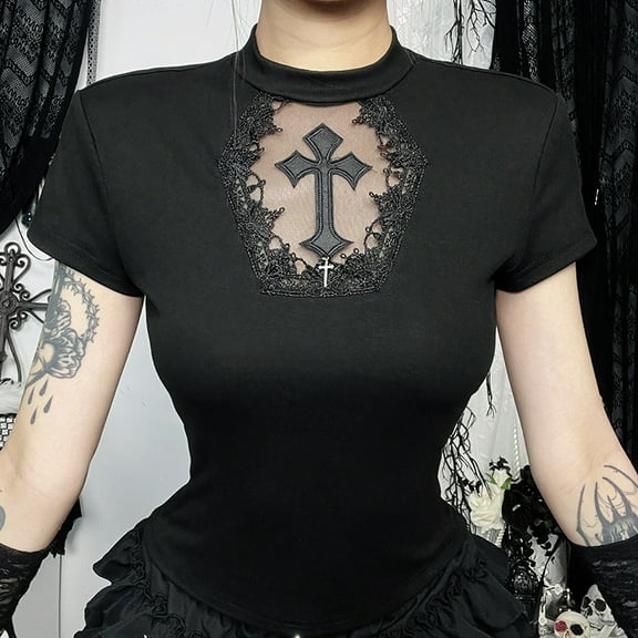 Gothic Basic T-shirt Women Cyber Punk Aesthetic Cross Mesh Patchwork See Through Short Sleeve O-neck Crop Tee Tops