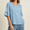 thumbnail image 6 of ClodeEU Women's V Neck Flared 3/4 Sleeve Blouse,Asymmetric Side Button Solid Color Casual Top Blue,Women's Plus L, 6 of 8