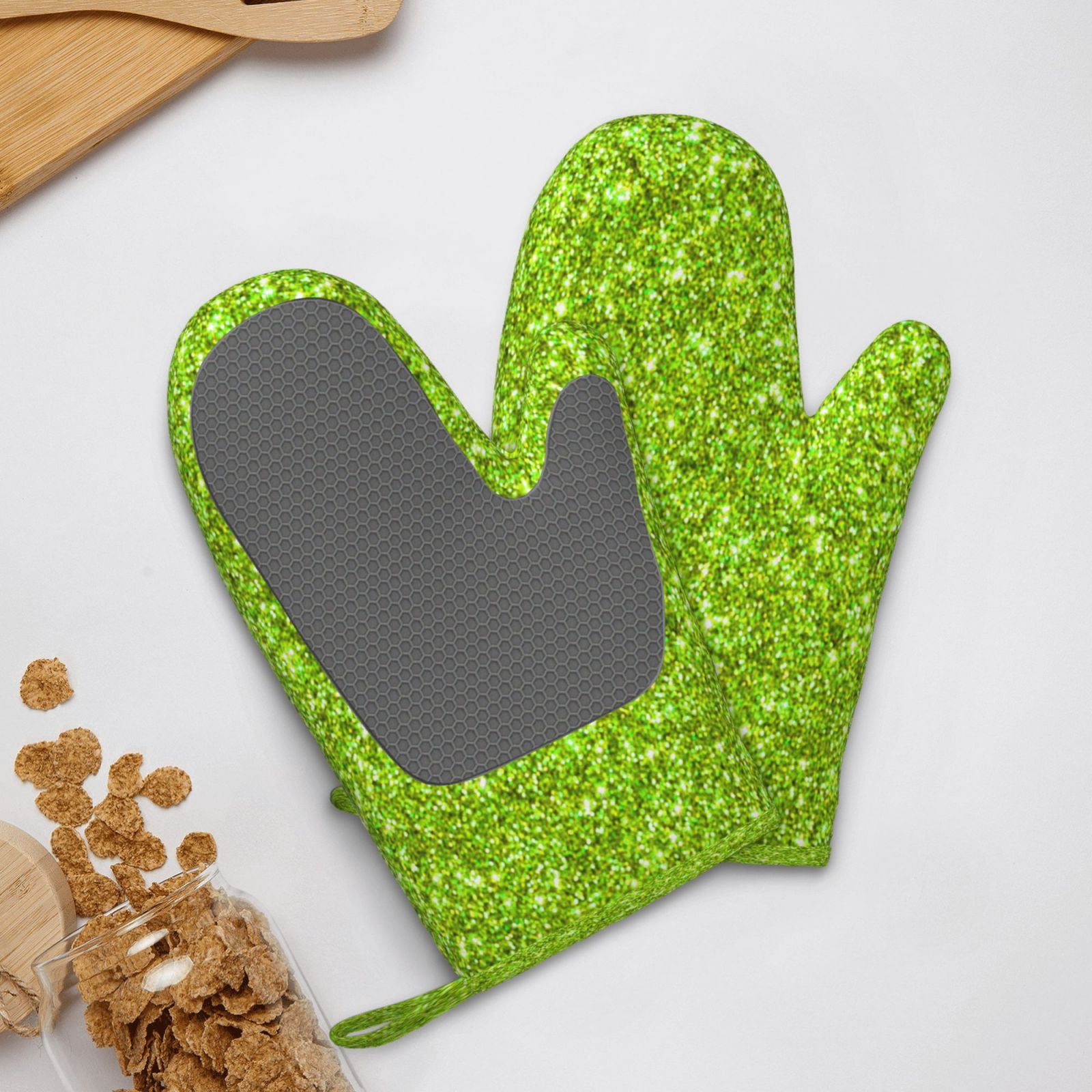 Hirioo Lime green glitter for Silicone Oven Mitts for BBQ, Baking, Cooking, Set of 2, Heat Resistant 260℃, Non-Slip Kitchen Essentials