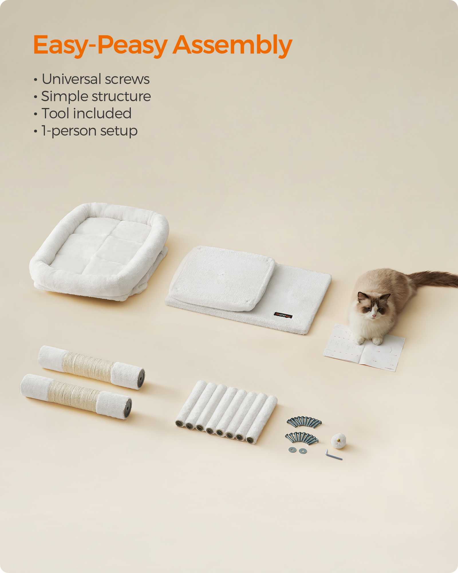 Cat Tree 33.1-Inch Cat Tower for Large Cats up to 16 lb, Large Perch, 2 Cat Caves, Scratching Post, Cream White
