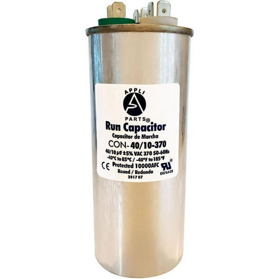 Appli Parts Dual Run Capacitor for ac 40 10 Mfd uF (microfarads) 370VAC CBB65 Round Universal fit for hvac and other applications 2 in Wide 5-1/8 in Height CON-40/10-370-R