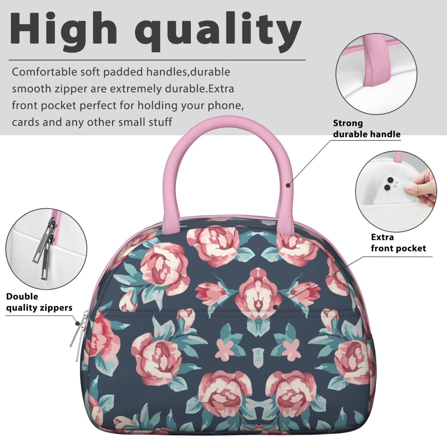 Rustic Floral Lunch Bag – Vintage Bloom Pattern Tote for Women with Insulated and Leakproof Lining, Ideal for Outdoor Meals