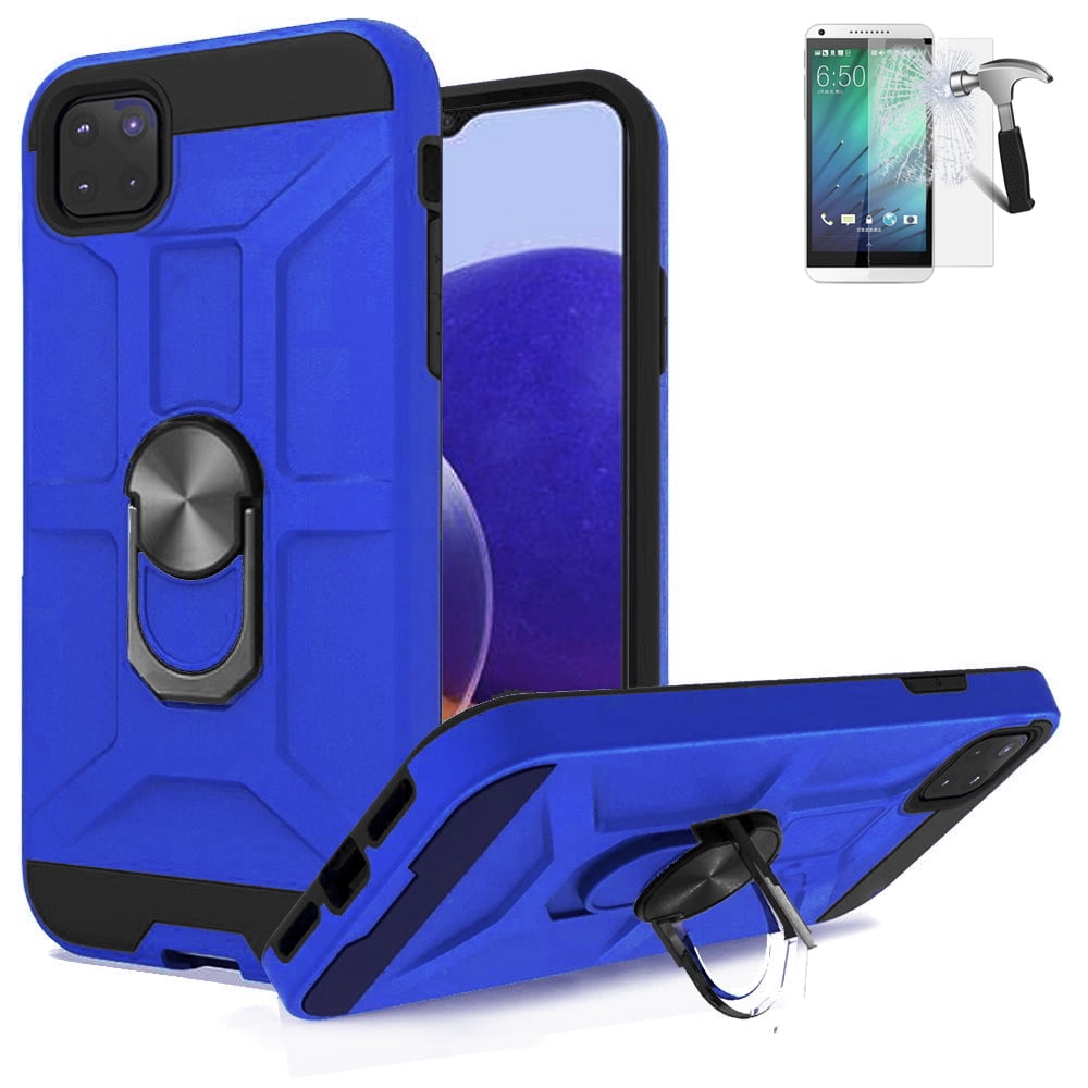 For Boost Mobile Celero 5G Case / Samsung Galaxy A22 5G (6.6')  / A22 5G Screen Protector / Shock Absorbing Cover (Ring Matte Blue +Tempered Glass)