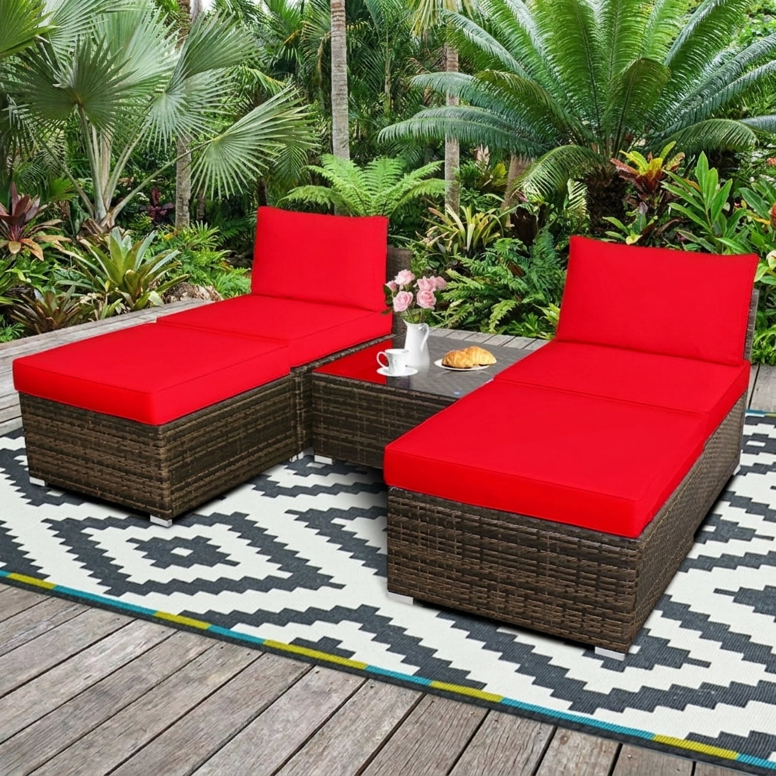 Furnibear 5 Piece Patio Furniture Set Outdoor Wicker Conversation Set with Cushioned Armless Sofas and Coffee Table for Garden Deck, Red
