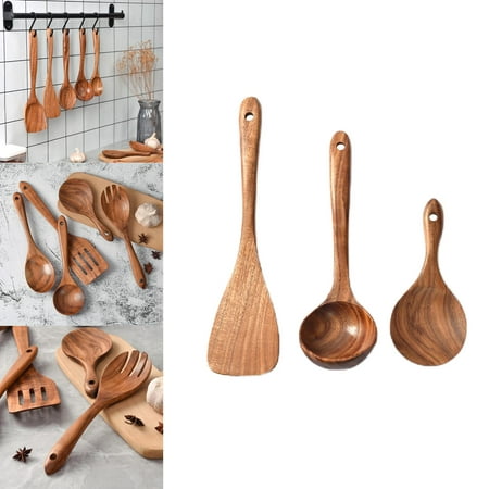 

Japanese Style Wooden Kitchen Utensils Set Durable Non Stick Scratch Teak Wood Cooking Spoons for Home Soup Tools Chef Gift Accessories - 3pcs