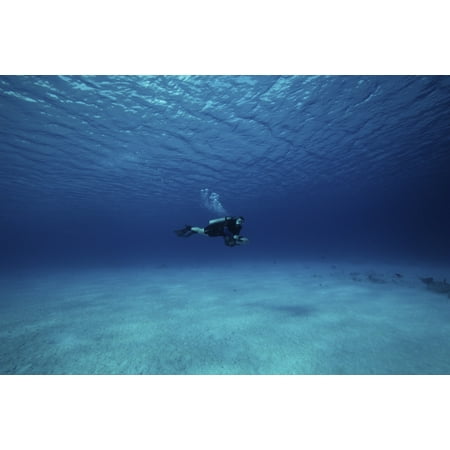 Blue Water Netherlands - A diver on a scooter explores the clear blue waters of Toris Reef Bonaire Caribbean Netherlands Poster Print