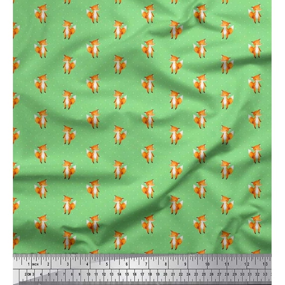 Soimoi Japan Crepe Satin Fabric Dot & Fox Cartoon Print Fabric by the Yard 42 Inch Wide