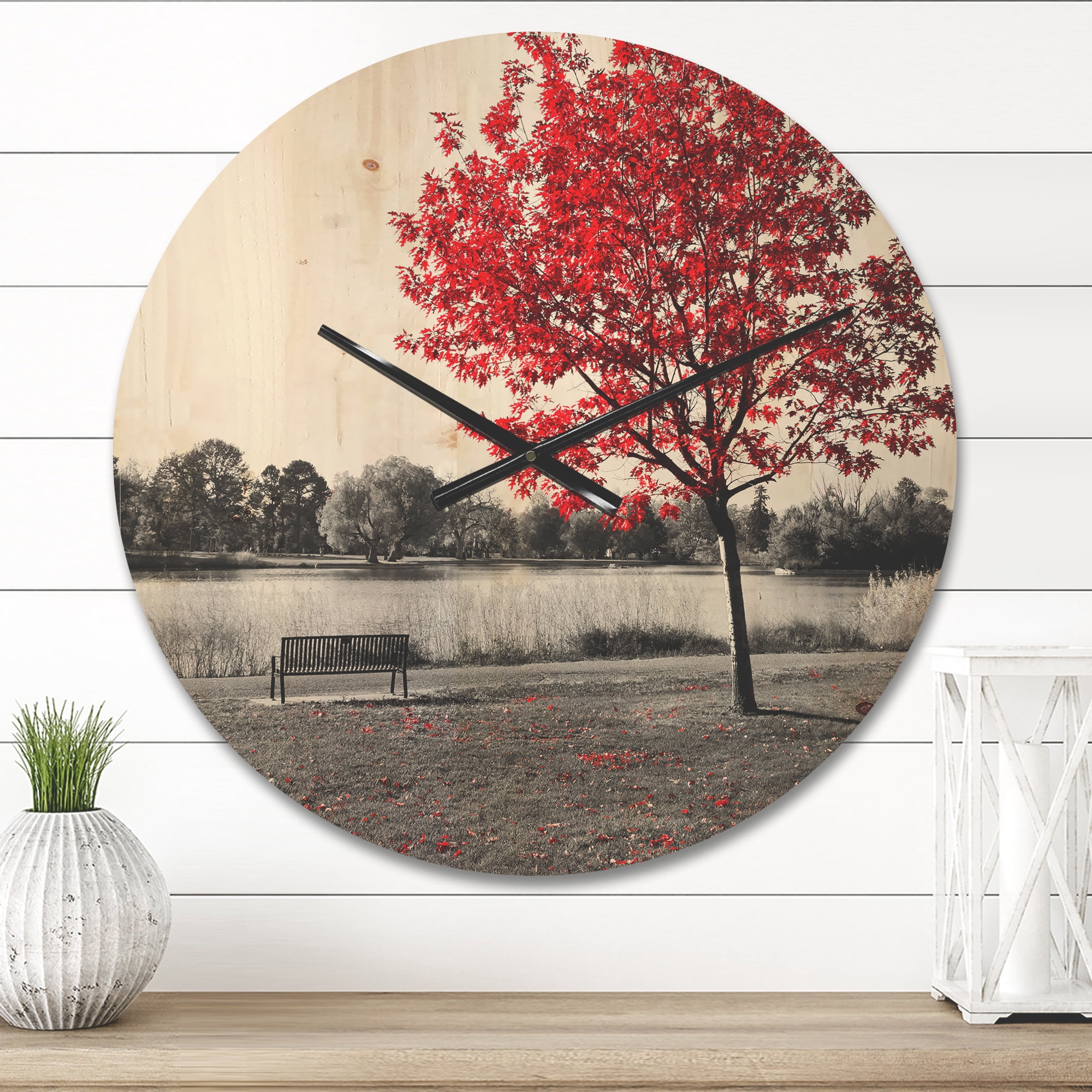 Designart 'Red Tree over Monochrome Park Bench' Modern Wood Wall Clock