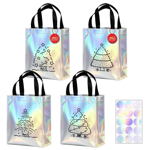 PMHZI 12 Pcs Silver Christmas Bags Tote, Non-Woven Reusable Goodie Bags with Handles for Xmas Party Favors and Holiday Gift Giving