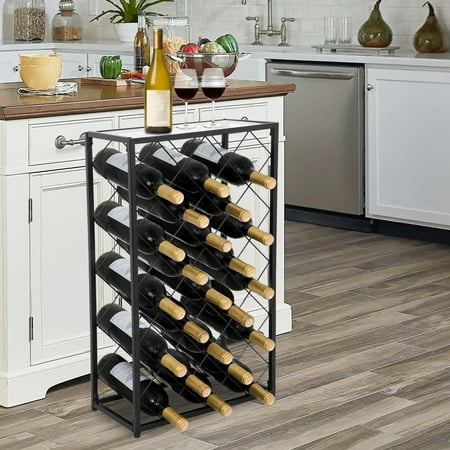 Zeny 23 Bottle Black Steel Wine Rack Table with Glass Top Free Standing Floor Wine Organizer Display Rack Wine Storage