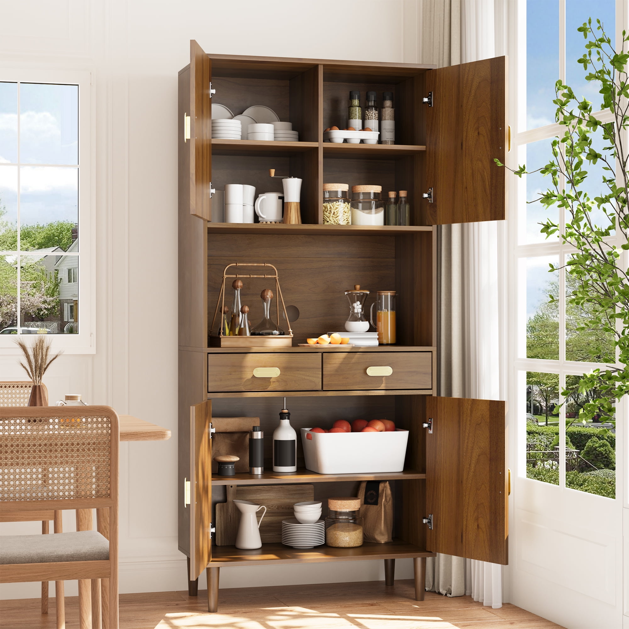 Semiocthome Pantry Storage Cabinet with Line Groove Design and Microwave Stand, Kitchen, Walnut