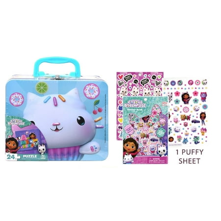 Gabby's Dollhouse Large Lunch Tin Box with 24pc puzzle & Gabby's Dollhouse Sticker Book with Puffy Stickers 4 Sheet