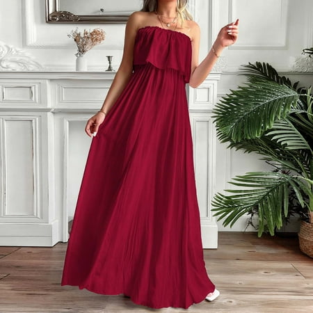 

Women Long Tube Dress Summer Bandeau Off The Shoulder Dresses Elegant Solid Strapless Dress for Wedding Guest