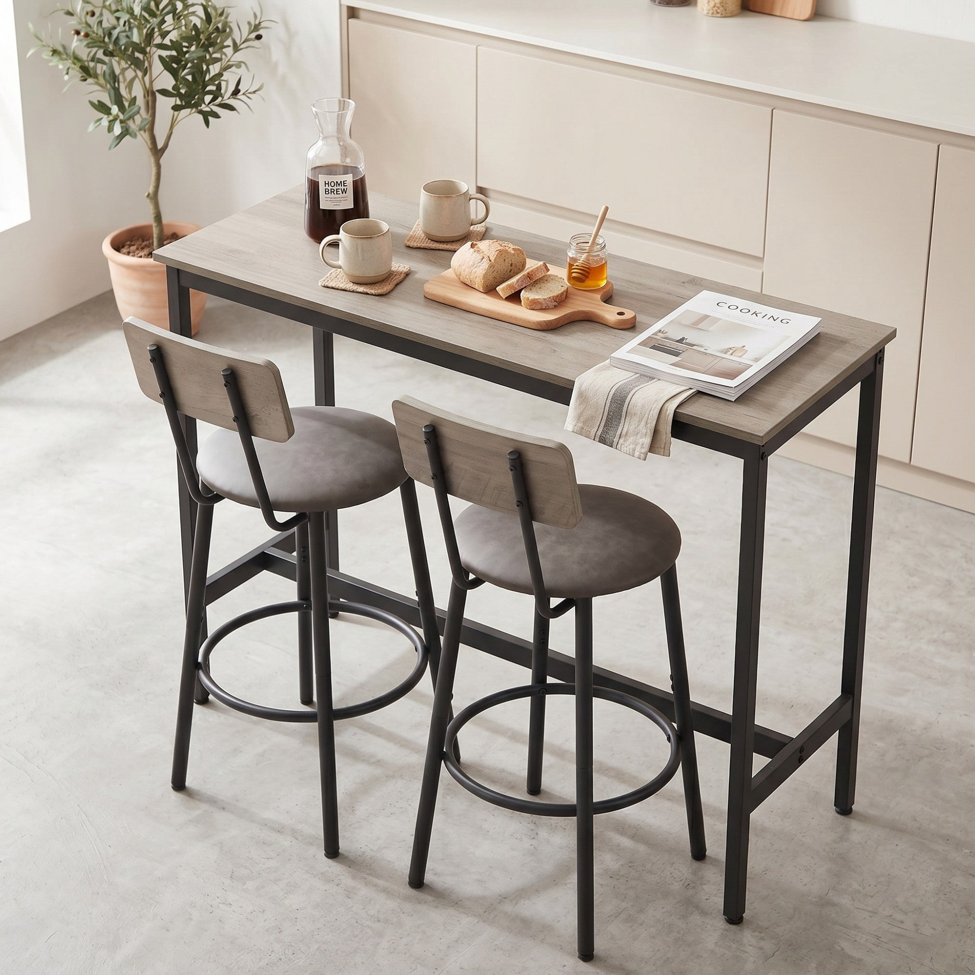 Sailvan Bar Table Set with 2 Stools, PU Soft Seat with Backrest, Rustic Grey