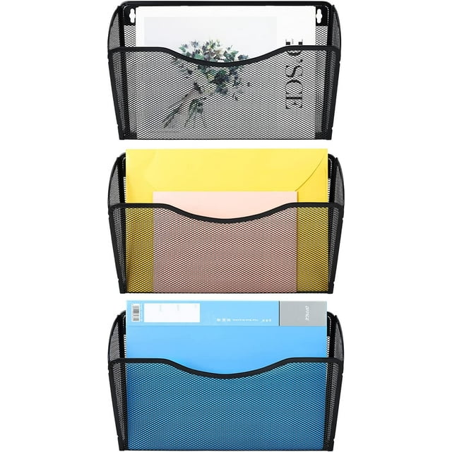 Casewin Wall Folder File Letter Pocket Holder (3 Pack) Metal Mesh Desk Hanging Basket Box Bin Mail A4 Size Paper Document Organizer, Storage Rack Single Slot Wall Mount for Office School Home - Black