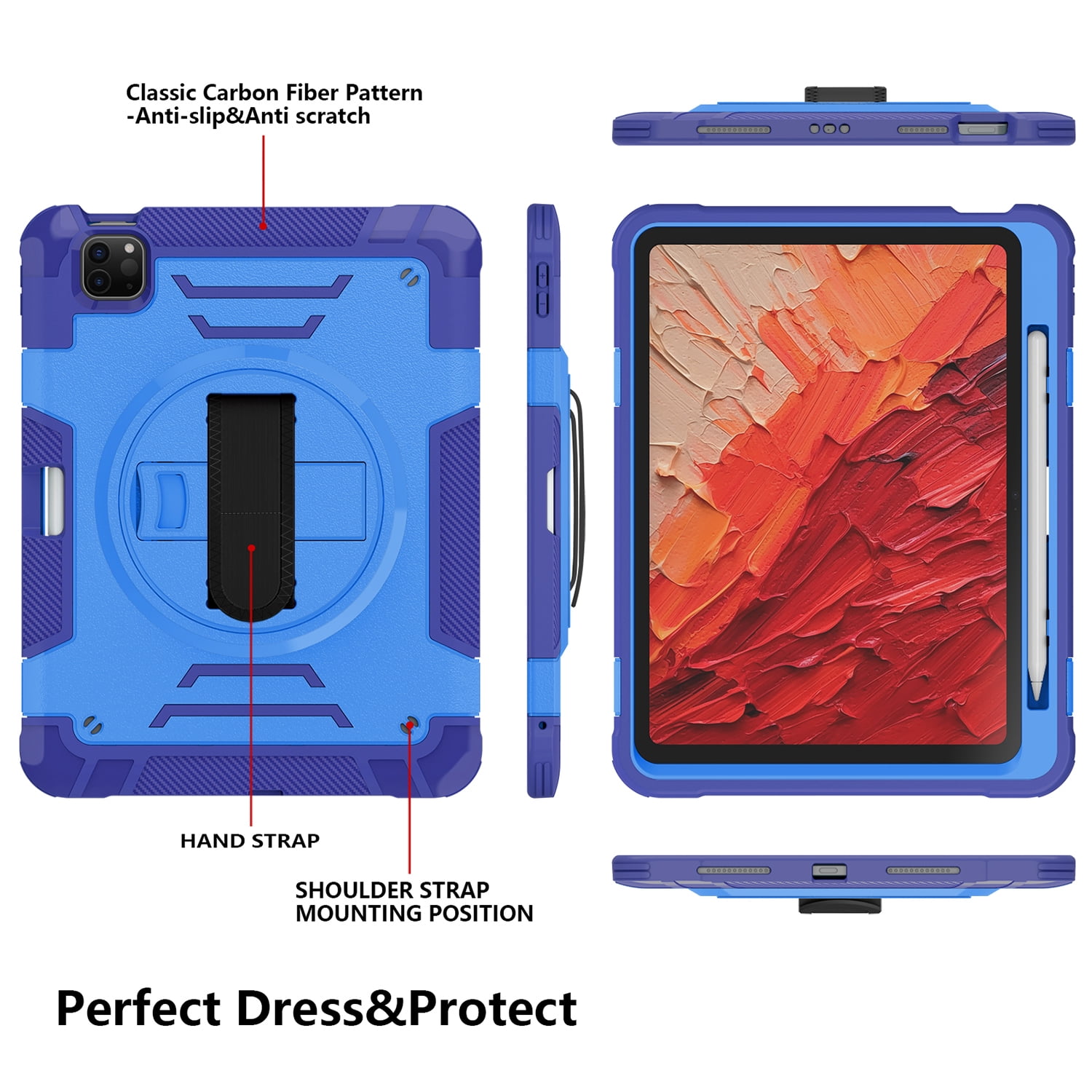 Shockproof Case for Apple iPad Pro 11 Inch 2022/2021/2020/2019/ iPad Air 5th 4th Gen, with Pencil Holder Military Grade Protection Rotating Stand Hand Strap Shoulder Strap Bumper Rugged Case, Blue