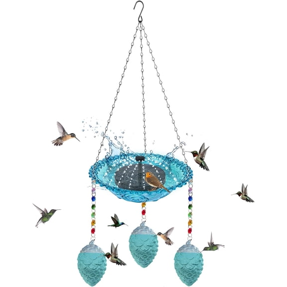 Hummingbird Feeder and Bird Bath for Outdoors 2-in-1 for Small Birds - Hummingbird Bath Fountain with 3 Blue Feeder Pots - Hanging Solar Bird Bath Fountains