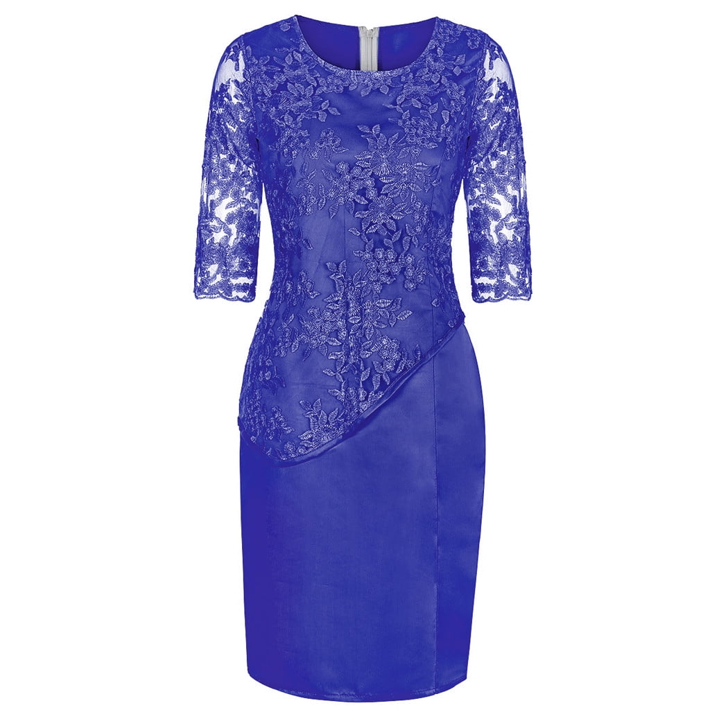 JGGSPWM Women's Lace Overlay Midi Dress 3/4 Sleeves Floral Embroidery Cocktail Evening Dresses Blue 3XL