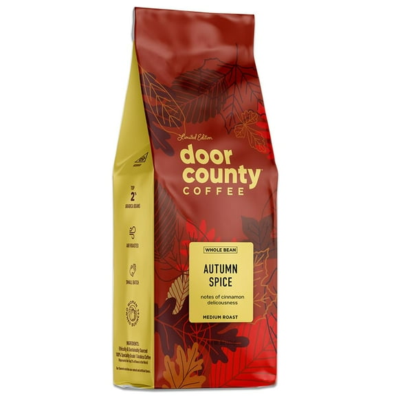 Door County Coffee Autumn Spice Flavored Whole Bean Coffee - 8oz Bag - Medium Roast - Cinnamon Spice Flavored - 100% Specialty Arabica