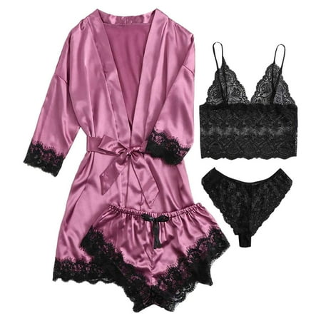 Mrat Sleepwear Sets for Women Pajama Sets 4-Piece Garter Cotton Nightgown Women Silk Pajamas Set Towel Robe Lingerie Set Robes Lace Bodysuit Deep-V Neck Purple_D XXL