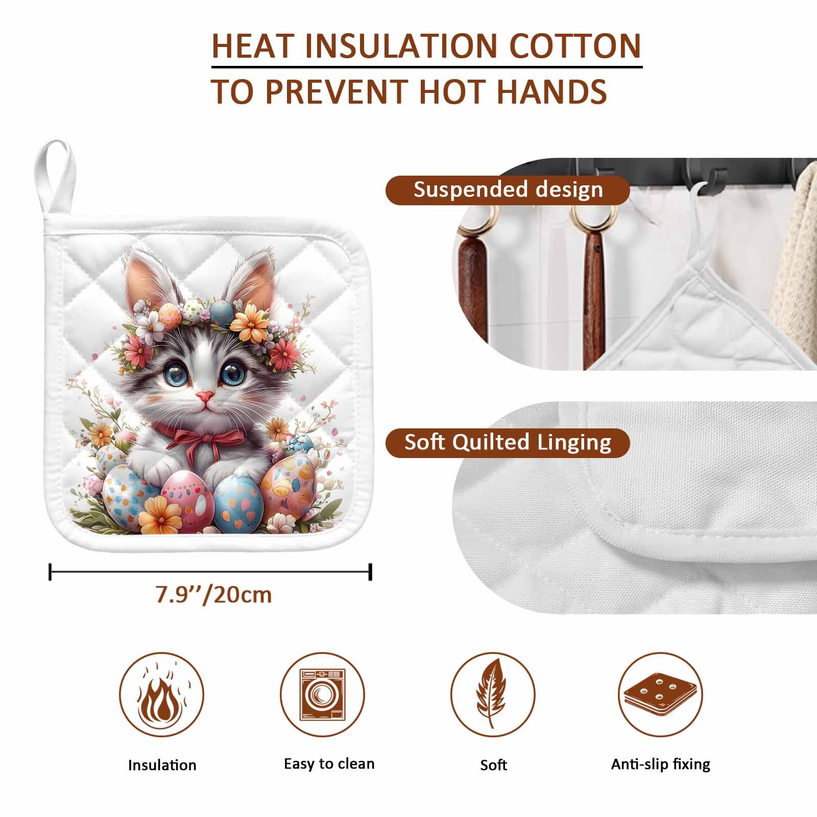 Easter Cat Pot Holders for Kitchen Heatproof Potholder, 5 Pack Cute Spring Flower Cartoon Eggs Boho Botanical Hot Pads Multipurpose Oven Pads Cloth Potholders Trivet for Cooking Baking
